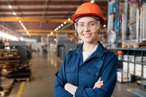 Mulher trabalhadora com uniforme e EPI em fábrica, representando acesso ao crédito consignado privado CLT.